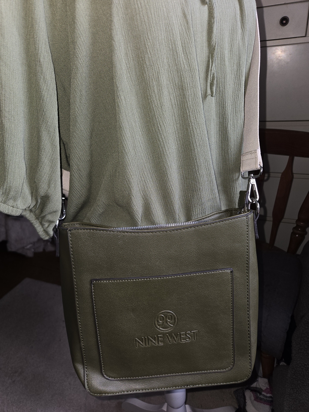 Nine West Olive Green And Cream Crossbody Bag with Contrast Strap